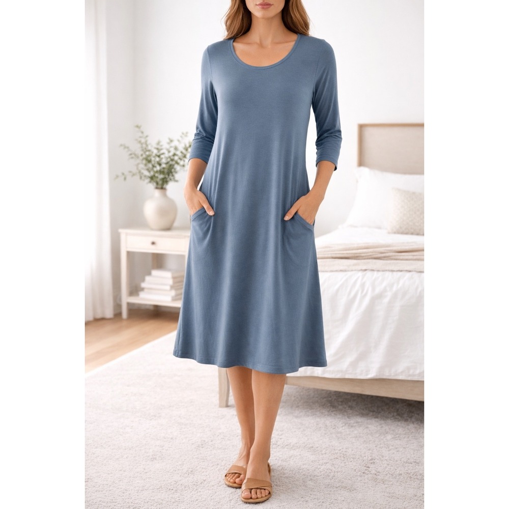 Bryn Walker Maxi Dress Small Gray Blue Pockets Midi USA 1/2 Sleeve lagenlook S